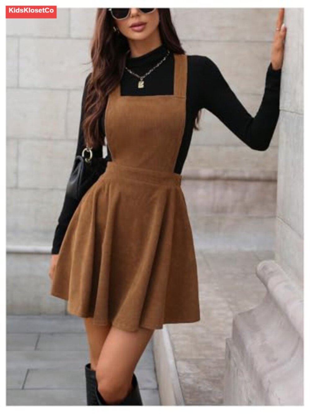 Corduroy Overall Mini Dress Sleeveless Square Neck A-line Pinafore - Picture 3 of 4